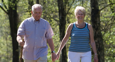 A senior couple walks hand in hand on a forest path.